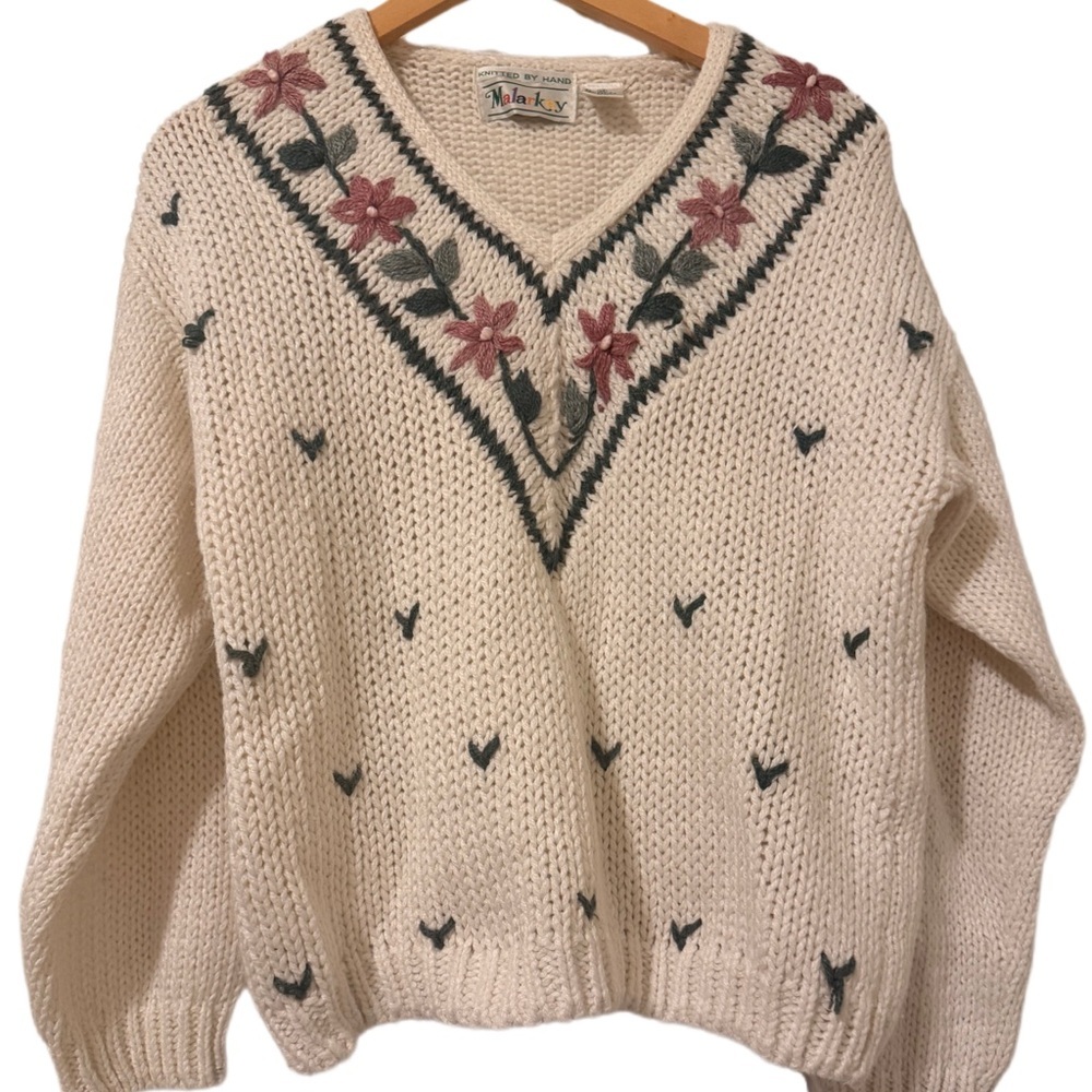 Vintage Malarky Hand Knit Floral Embroidered Sweater Cream Cottagecore Folk Pull